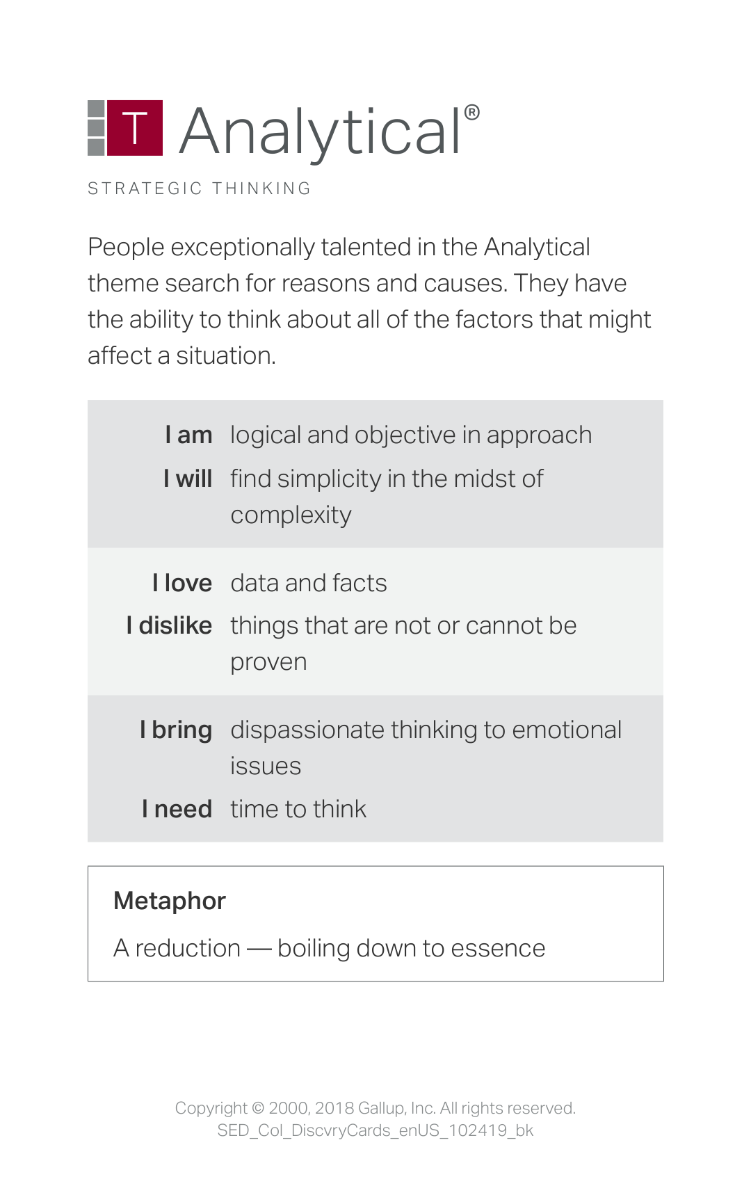 Card describing the trait of analytical as searching for reasons and causes, and being able to think about all the factors that might affect a situation