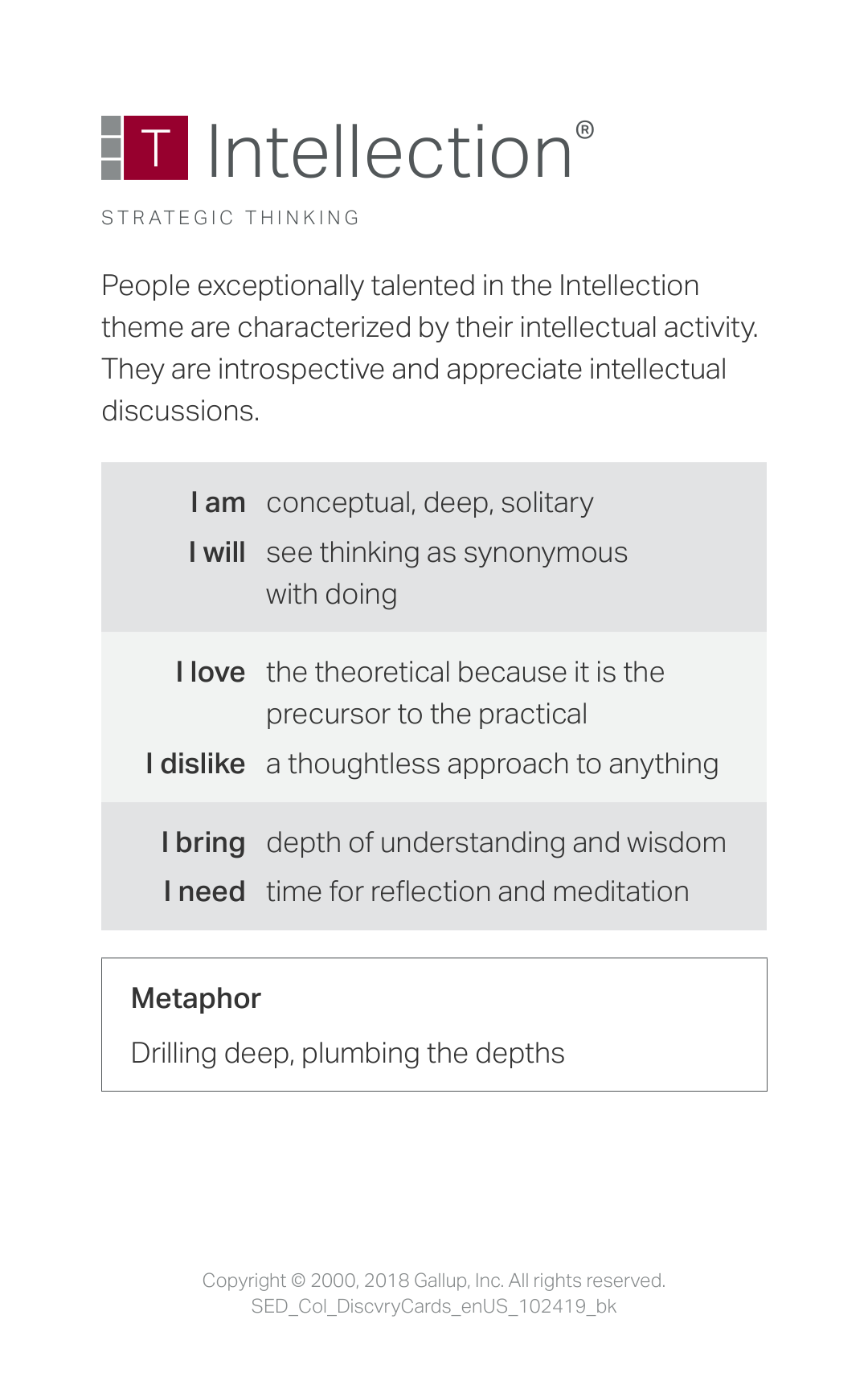 Card describing the trait of intellenction as being introspective and appreciating intellectual discussions
