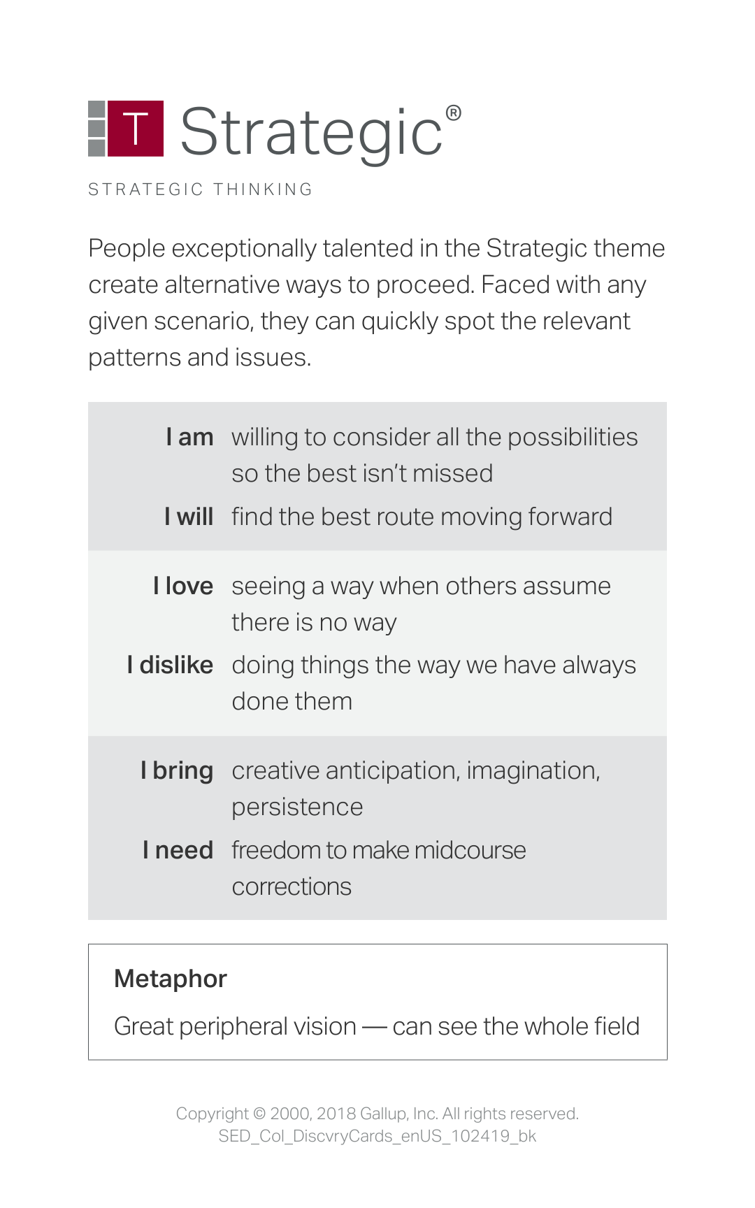 Card describing the trait of strategic as being able to create alternative ways to proceed and quickly spotting relevant patterns and issues